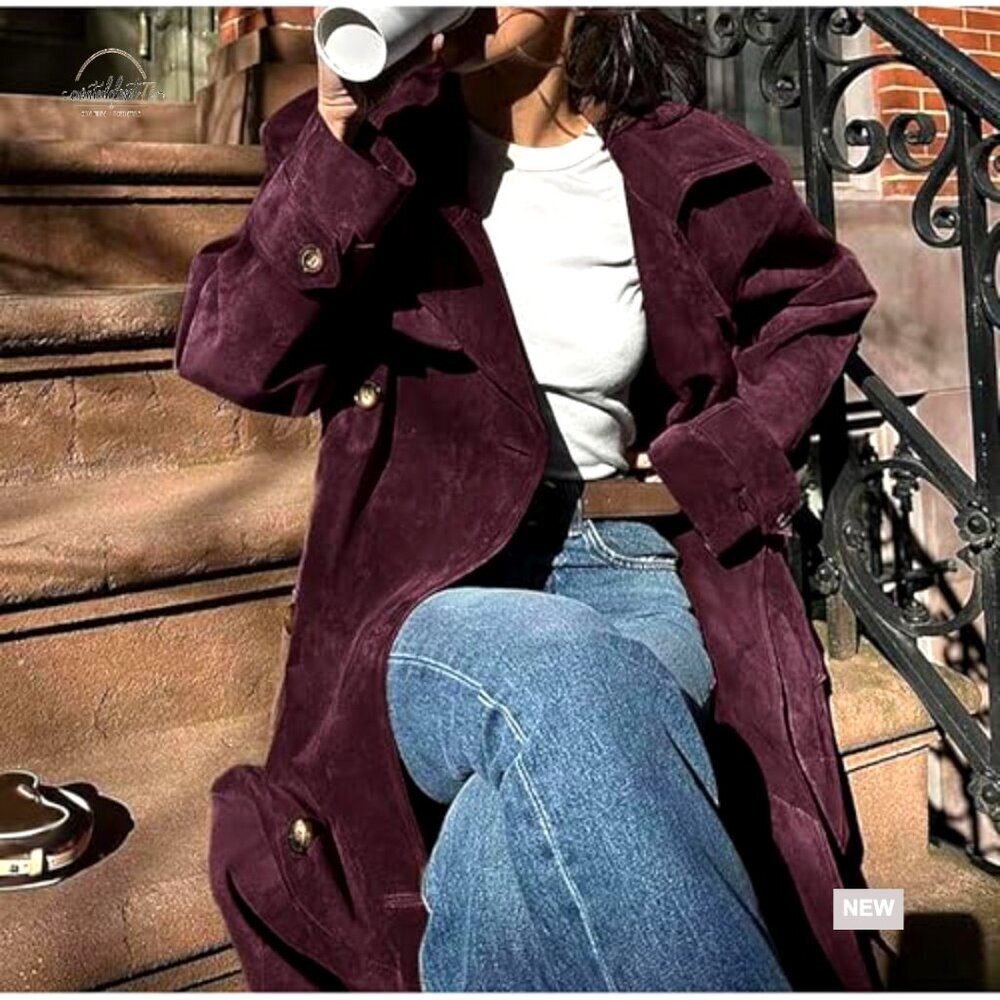Faux Suede Long Trench Coat Double Breasted Slim Fit Pea Coat with Belt - Picture 4 of 7